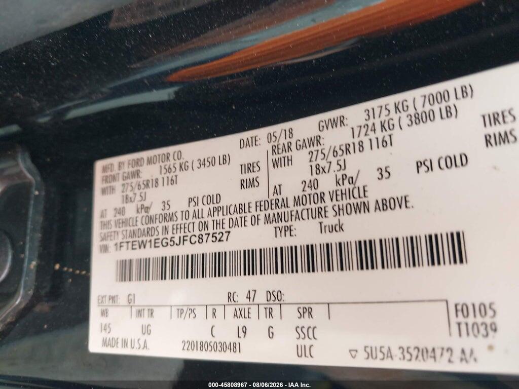 1FTEW1EG5JFC87527 2018 FORD F-150 photo no. 9