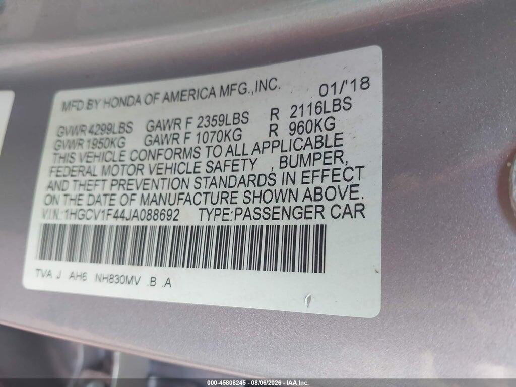 1HGCV1F44JA088692 2018 HONDA ACCORD photo no. 9