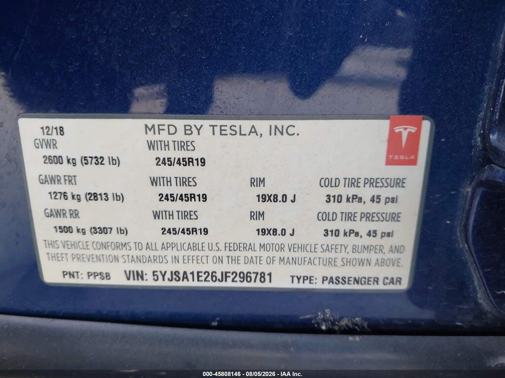 5YJSA1E26JF296781 2018 TESLA MODEL S photo no. 9