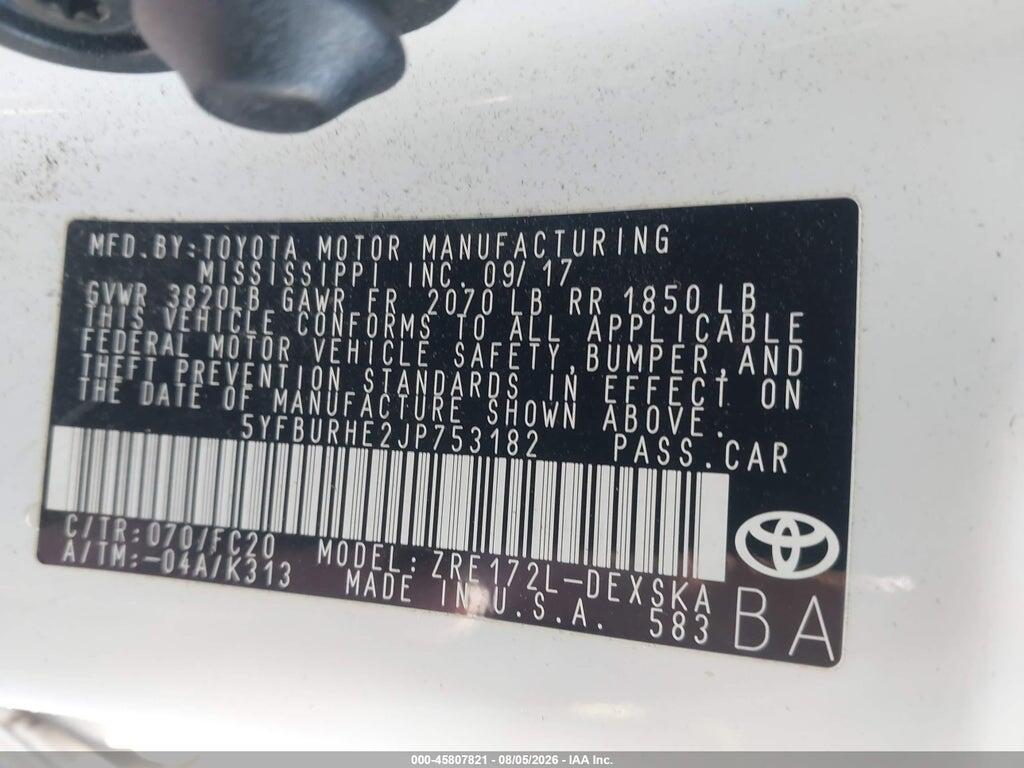 5YFBURHE2JP753182 2018 TOYOTA COROLLA photo no. 9