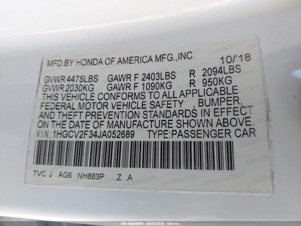 1HGCV2F34JA052689 2018 HONDA ACCORD photo no. 9