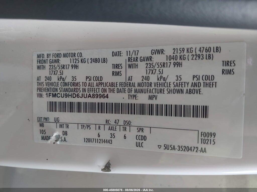 1FMCU9HD6JUA89964 2018 FORD ESCAPE photo no. 9