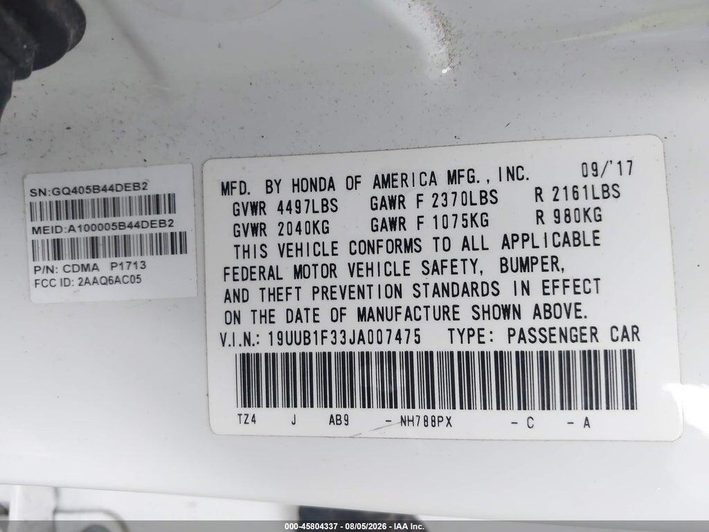 19UUB1F33JA007475 2018 ACURA TLX photo no. 9