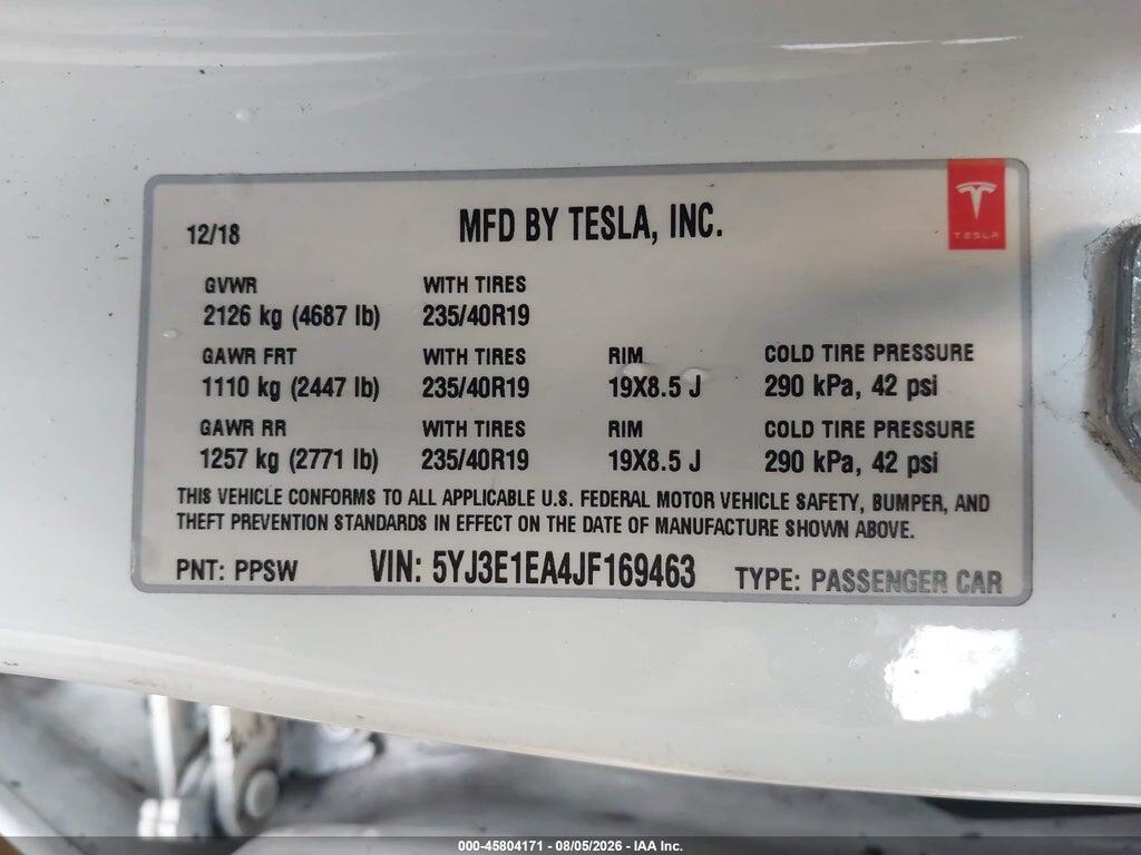 5YJ3E1EA4JF169463 2018 TESLA MODEL 3 photo no. 9