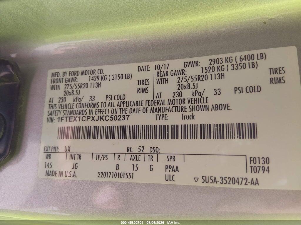 1FTEX1CPXJKC50237 2018 FORD F-150 photo no. 9