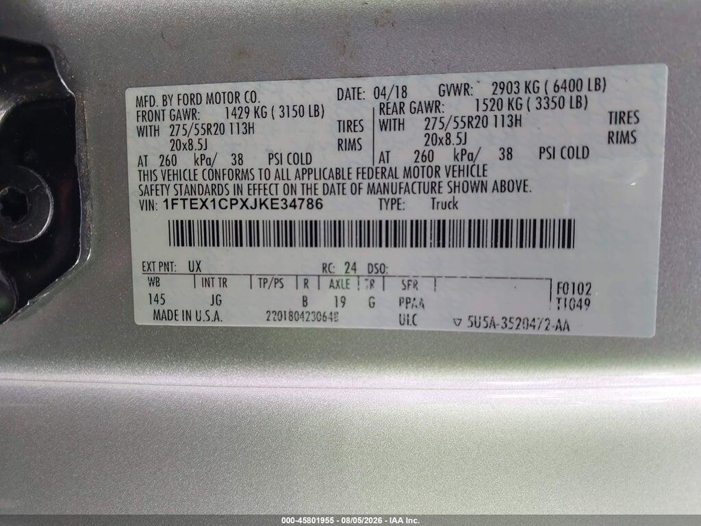 1FTEX1CPXJKE34786 2018 FORD F-150 photo no. 9