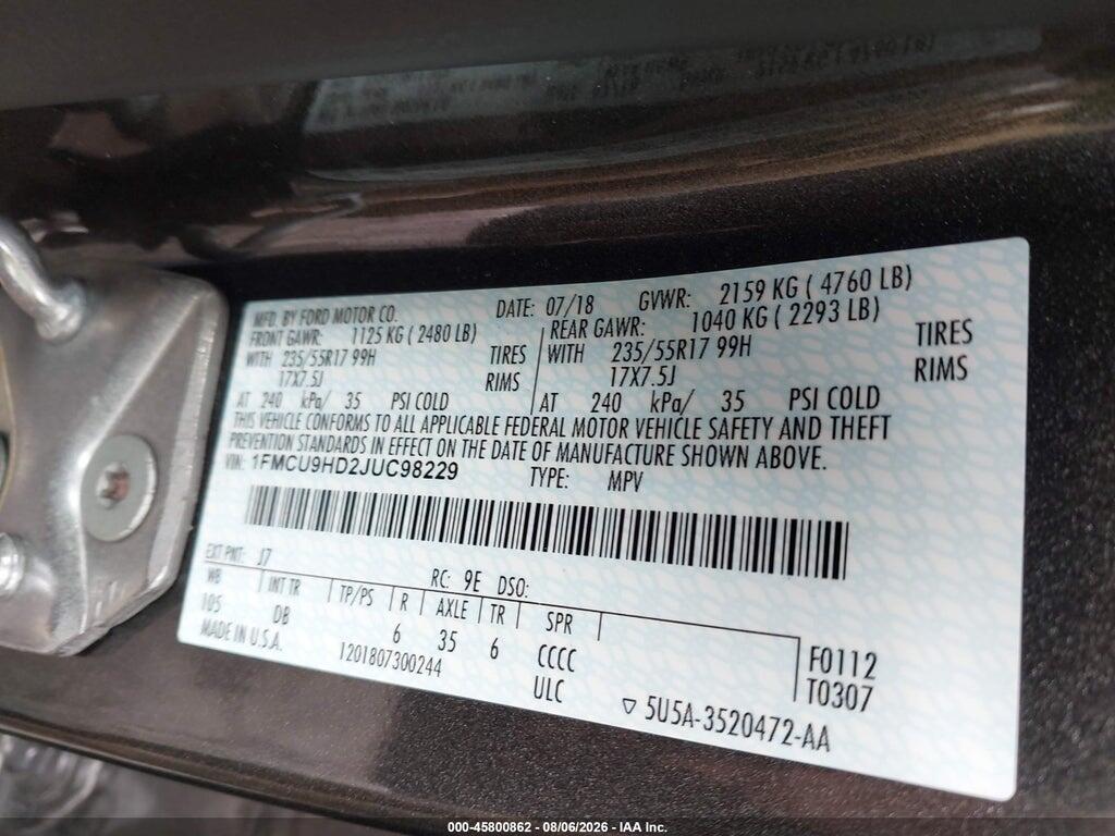 1FMCU9HD2JUC98229 2018 FORD ESCAPE photo no. 9