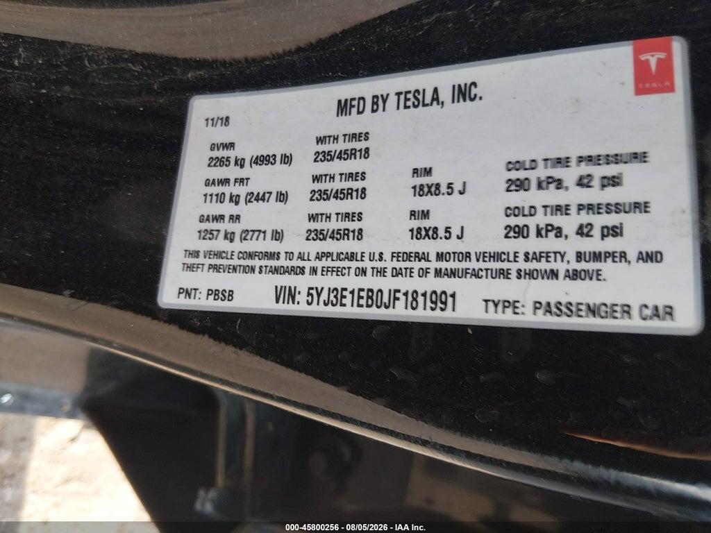 5YJ3E1EB0JF181991 2018 TESLA MODEL 3 photo no. 9
