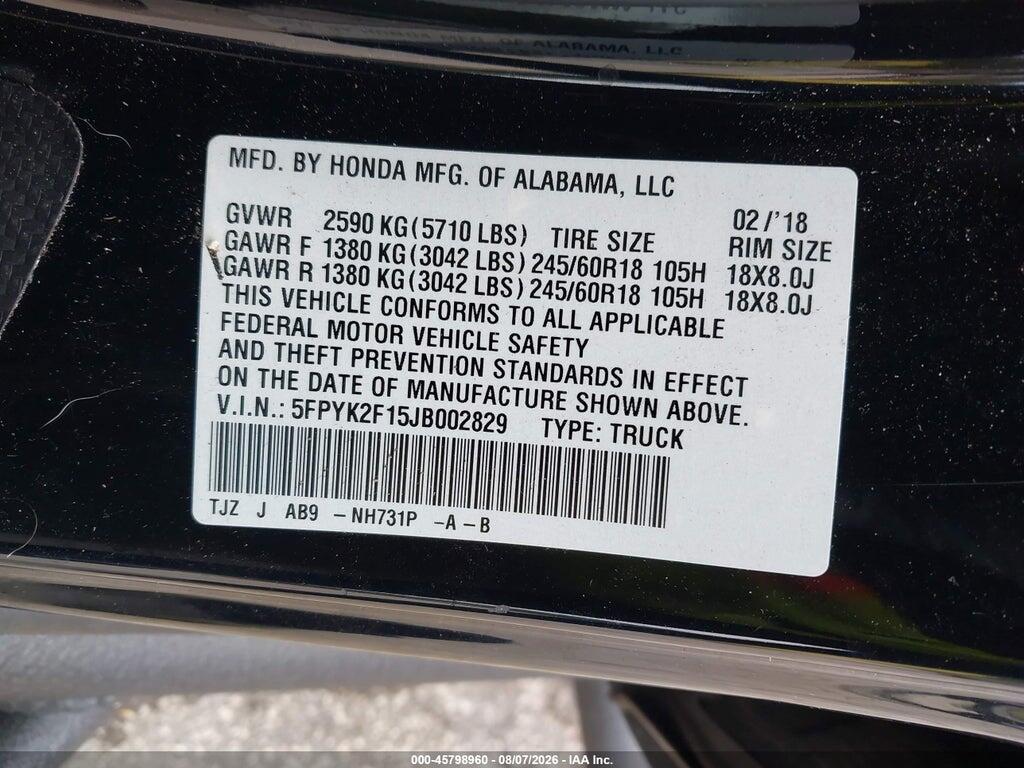 5FPYK2F15JB002829 2018 HONDA RIDGELINE photo no. 9