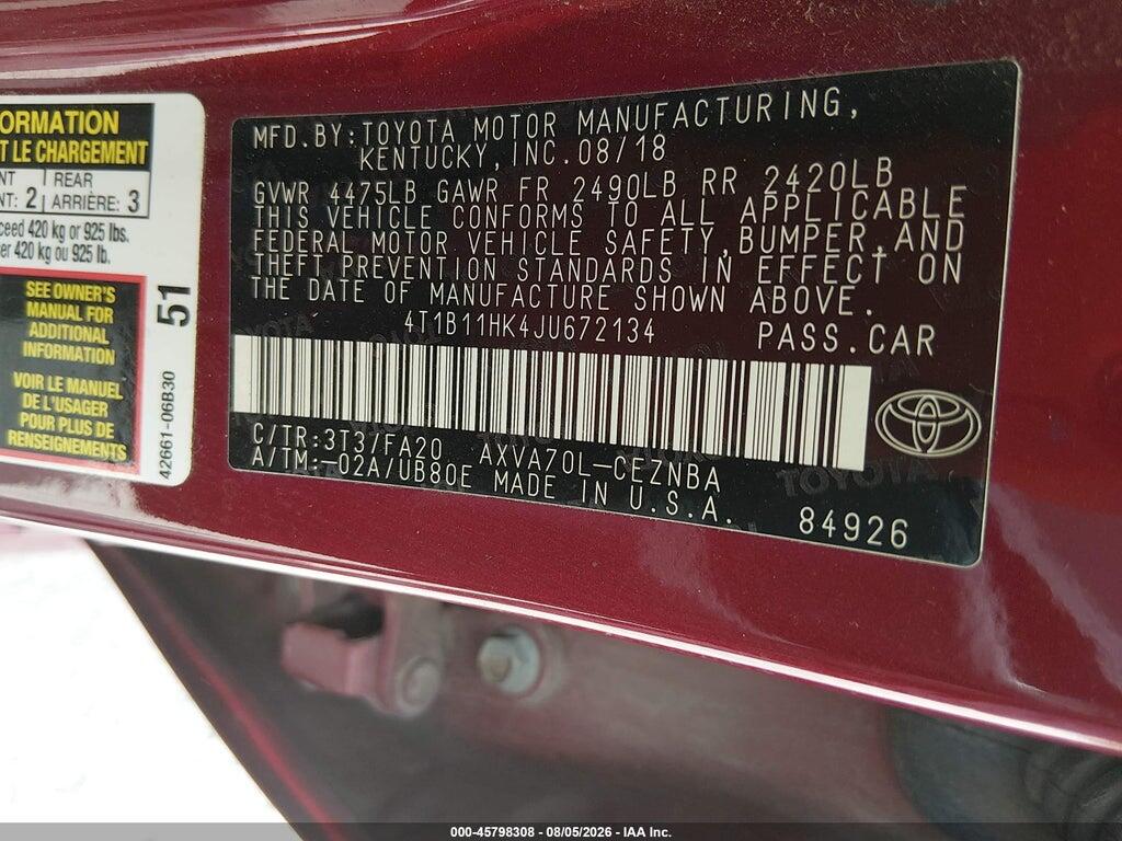 4T1B11HK4JU672134 2018 TOYOTA CAMRY photo no. 9