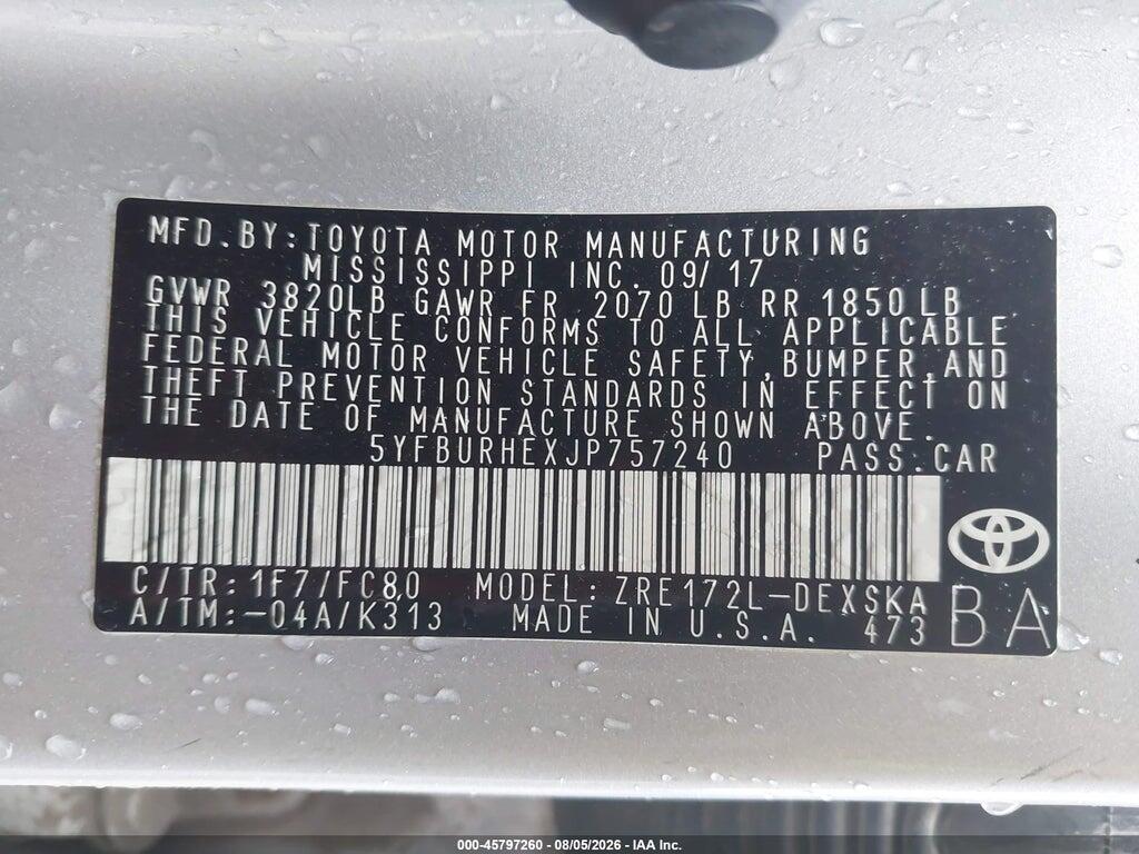 5YFBURHEXJP757240 2018 TOYOTA COROLLA photo no. 9