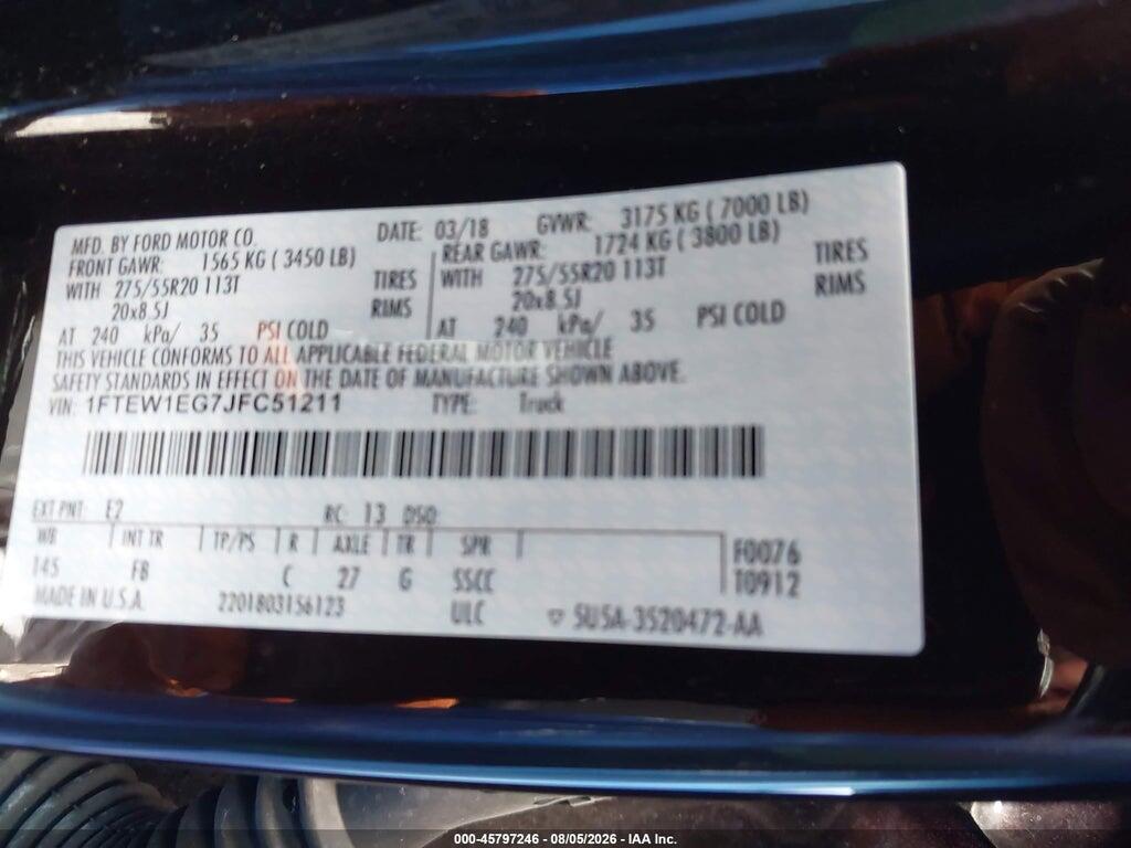 1FTEW1EG7JFC51211 2018 FORD F150 photo no. 9