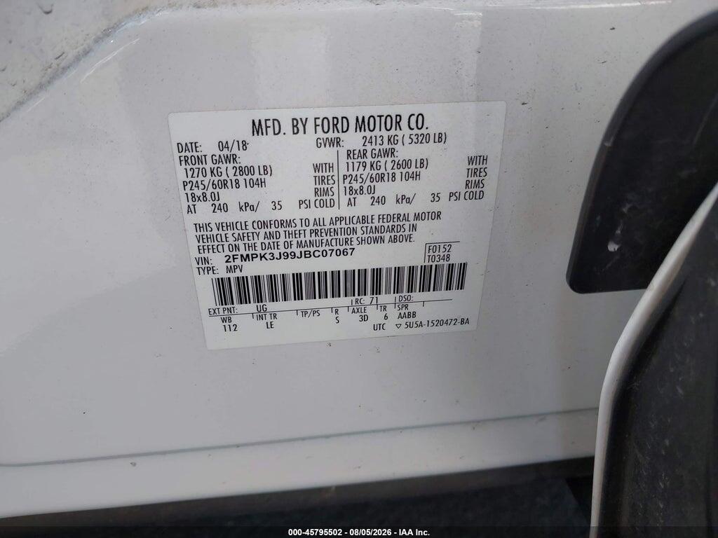 2FMPK3J99JBC07067 2018 FORD EDGE photo no. 9