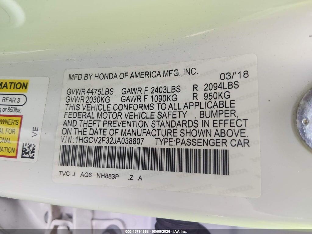 1HGCV2F32JA038807 2018 HONDA ACCORD photo no. 9