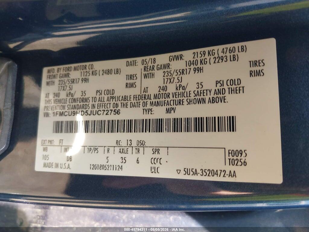 1FMCU9HD5JUC72756 2018 FORD ESCAPE photo no. 9