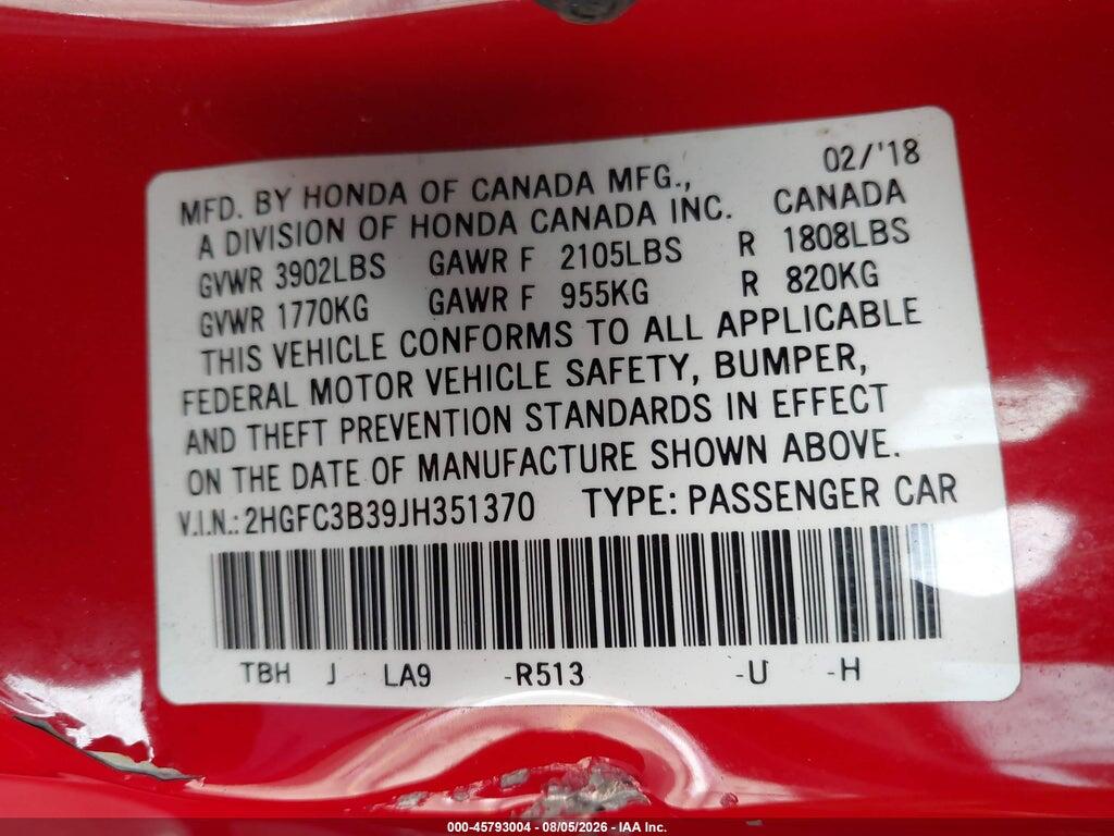 2HGFC3B39JH351370 2018 HONDA CIVIC photo no. 9