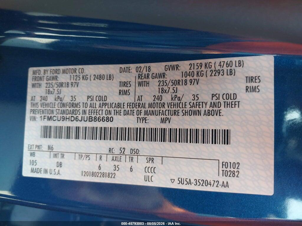 1FMCU9HD6JUB86680 2018 FORD ESCAPE photo no. 9