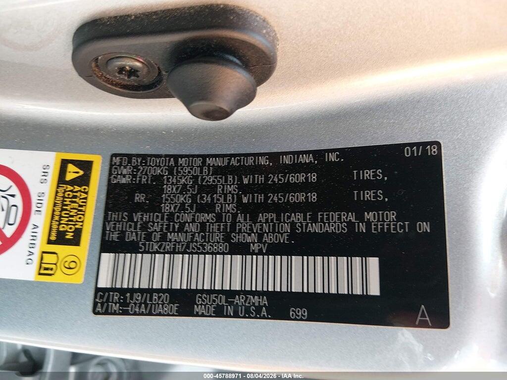 5TDKZRFH7JS536880 2018 TOYOTA HIGHLANDER photo no. 9