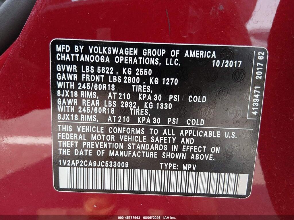 1V2AP2CA9JC533009 2018 VOLKSWAGEN ATLAS photo no. 9