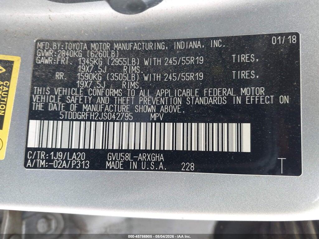 5TDDGRFH2JS042795 2018 TOYOTA HIGHLANDER HYBRID photo no. 9