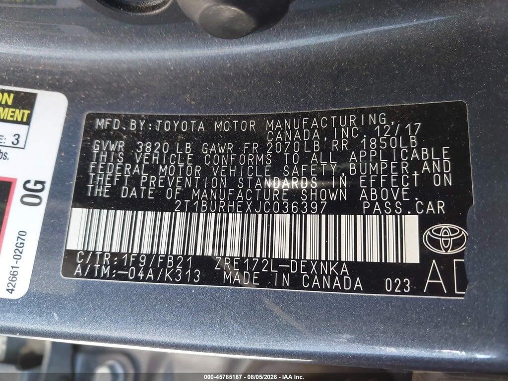 2T1BURHEXJC036397 2018 TOYOTA COROLLA photo no. 9