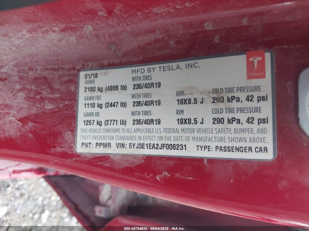 5YJ3E1EA2JF006231 2018 TESLA MODEL 3 photo no. 9