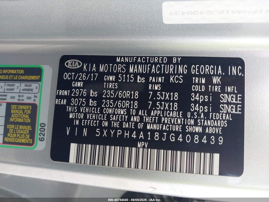5XYPH4A18JG408439 2018 KIA SORENTO photo no. 9
