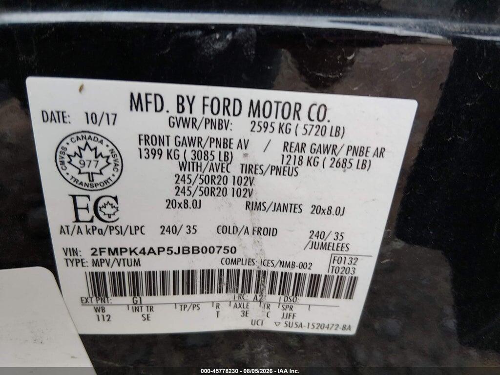 2FMPK4AP5JBB00750 2018 FORD EDGE photo no. 9