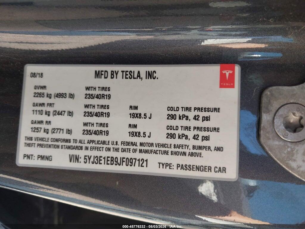 5YJ3E1EB9JF097121 2018 TESLA MODEL 3 photo no. 9