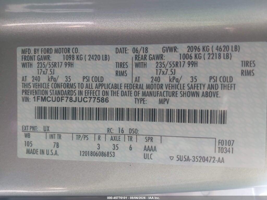1FMCU0F78JUC77586 2018 FORD ESCAPE photo no. 9
