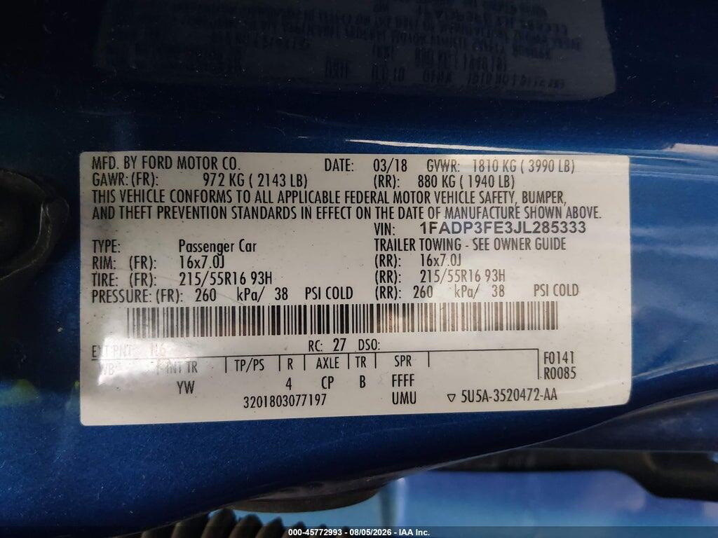 1FADP3FE3JL285333 2018 FORD FOCUS photo no. 9