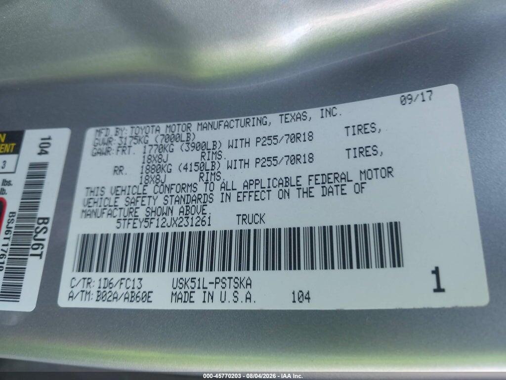 5TFEY5F12JX231261 2018 TOYOTA TUNDRA photo no. 9