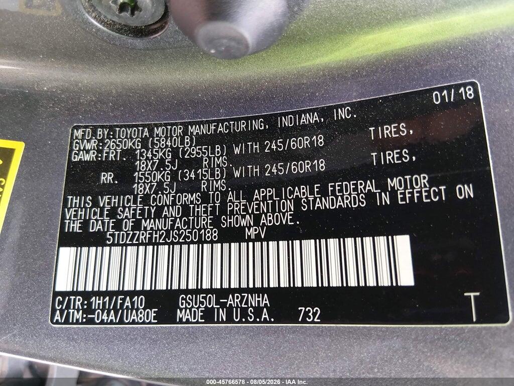 5TDZZRFH2JS250188 2018 TOYOTA HIGHLANDER photo no. 9