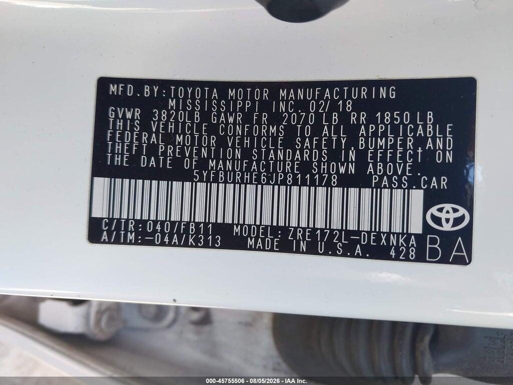 5YFBURHE6JP811178 2018 TOYOTA COROLLA photo no. 9