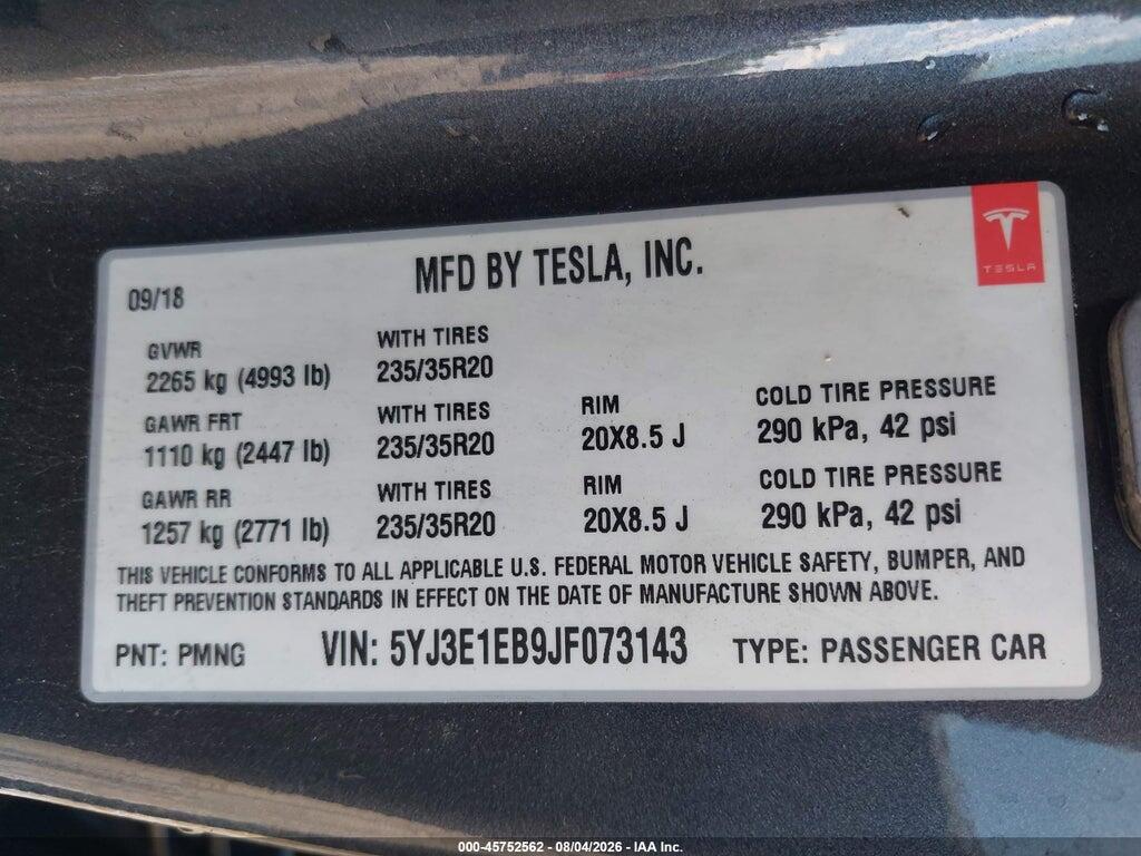 5YJ3E1EB9JF073143 2018 TESLA MODEL 3 photo no. 9