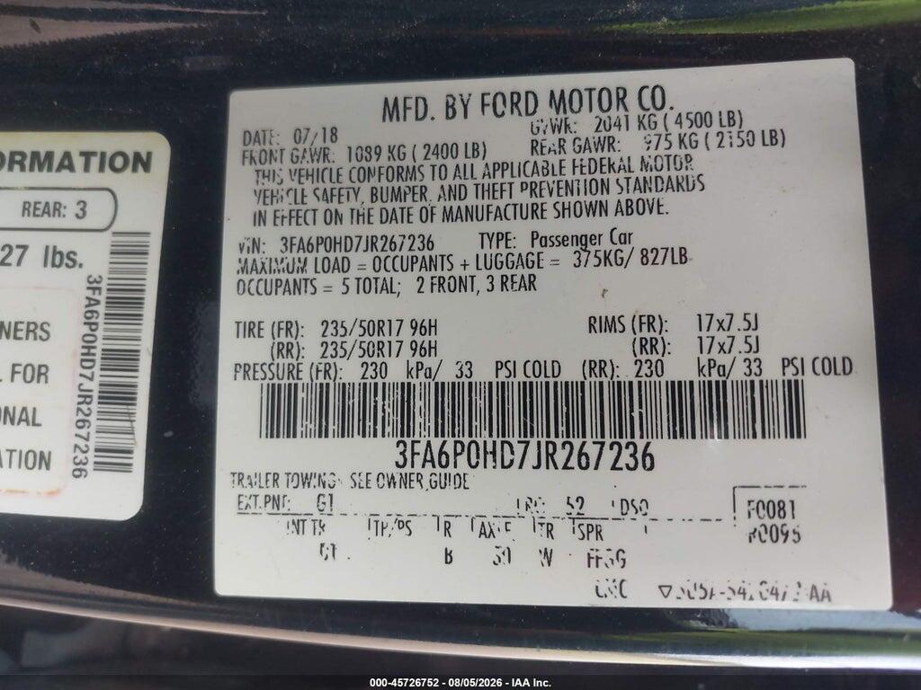 3FA6P0HD7JR267236 2018 FORD FUSION photo no. 9