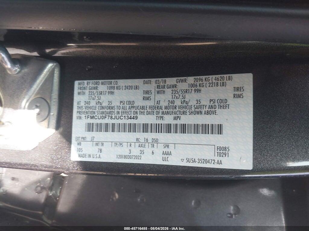 1FMCU0F78JUC13449 2018 FORD ESCAPE photo no. 9