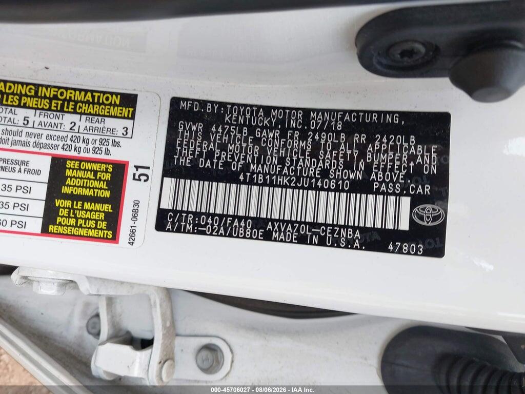 4T1B11HK2JU140610 2018 TOYOTA CAMRY photo no. 9