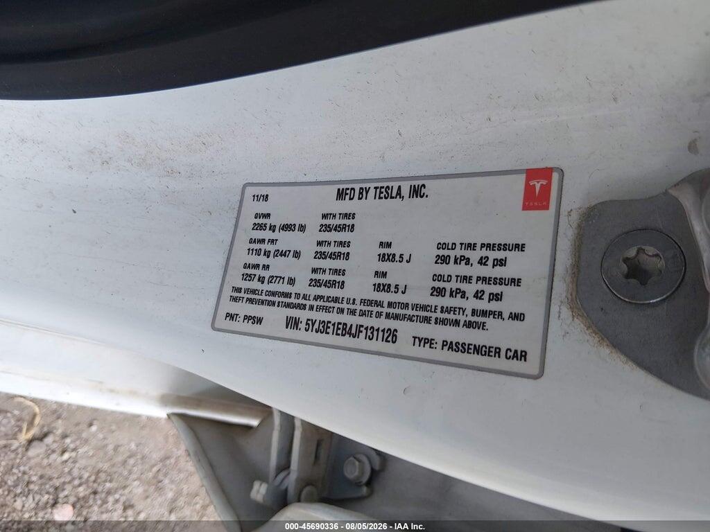 5YJ3E1EB4JF131126 2018 TESLA MODEL 3 photo no. 9