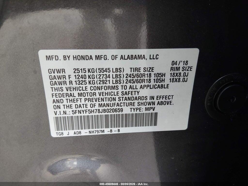 5FNYF5H78JB020659 2018 HONDA PILOT photo no. 9
