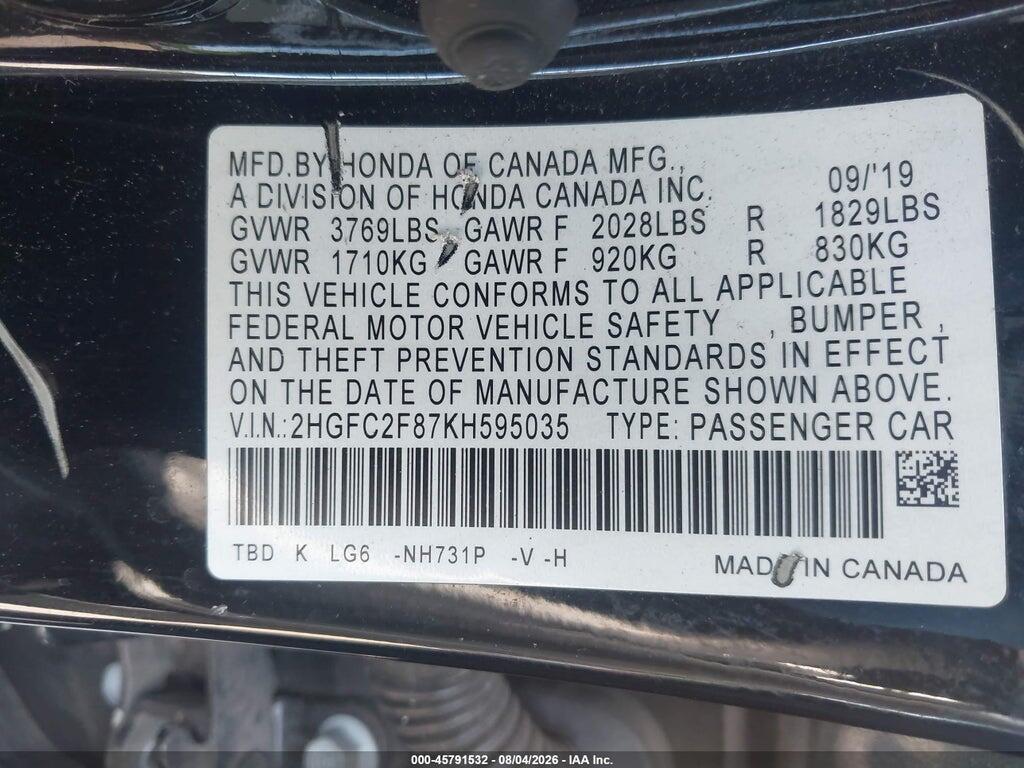 2HGFC2F87KH595035 2019 HONDA CIVIC photo no. 9