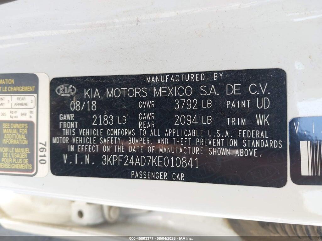 3KPF24AD7KE010841 2019 KIA FORTE photo no. 9