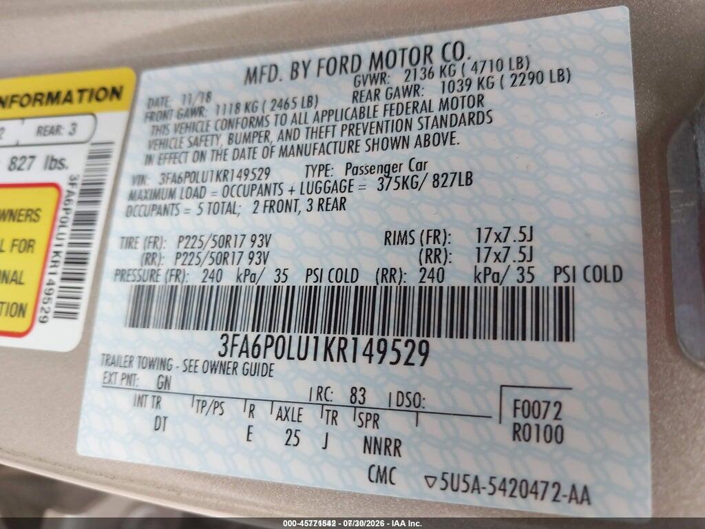 3FA6P0LU1KR149529 2019 FORD FUSION HYBRID photo no. 9