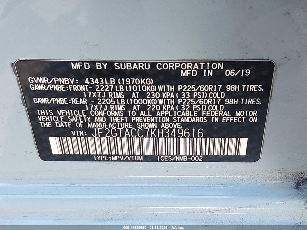 JF2GTACC7KH349616 2019 SUBARU CROSSTREK photo no. 9