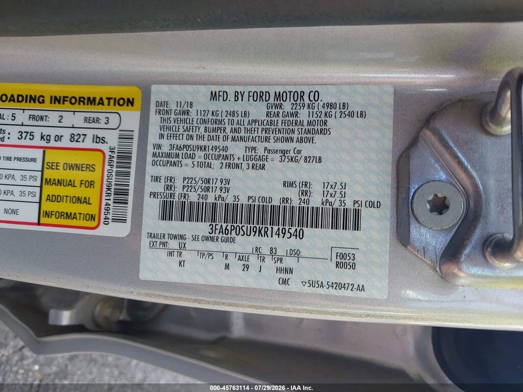 3FA6P0SU9KR149540 2019 FORD FUSION ENERGI photo no. 9