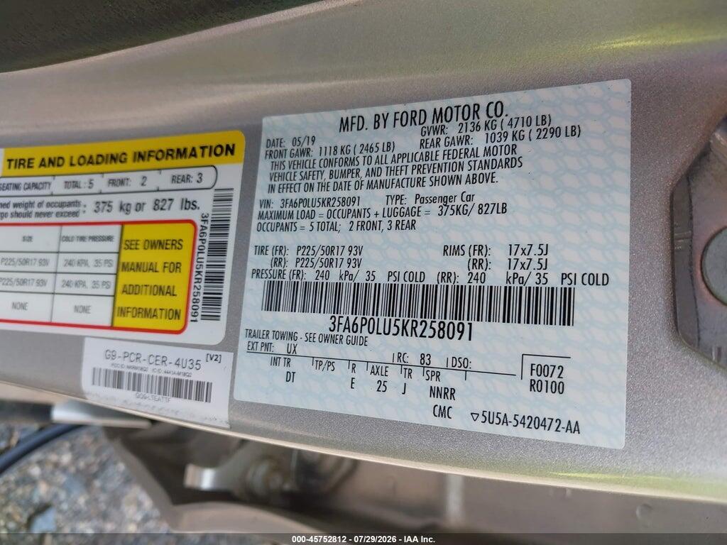 3FA6P0LU5KR258091 2019 FORD FUSION HYBRID photo no. 9