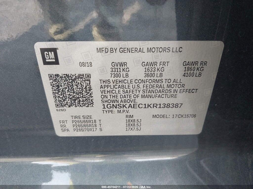 1GNSKAEC1KR138387 2019 CHEVROLET TAHOE photo no. 9