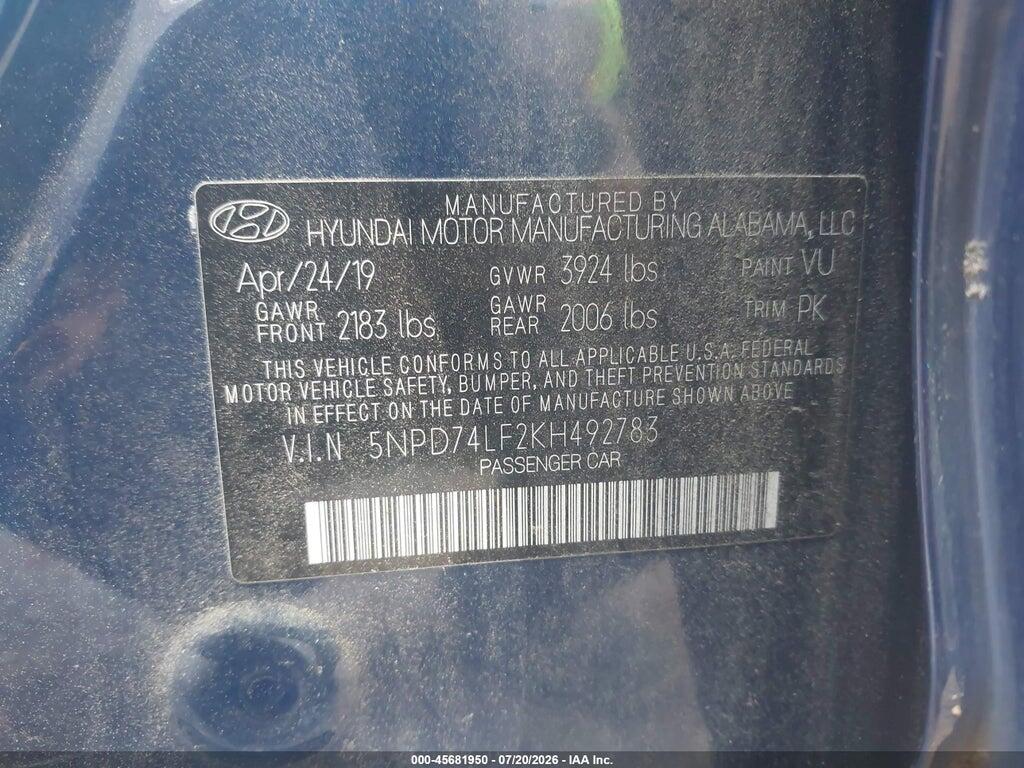 5NPD74LF2KH492783 2019 HYUNDAI ELANTRA photo no. 9