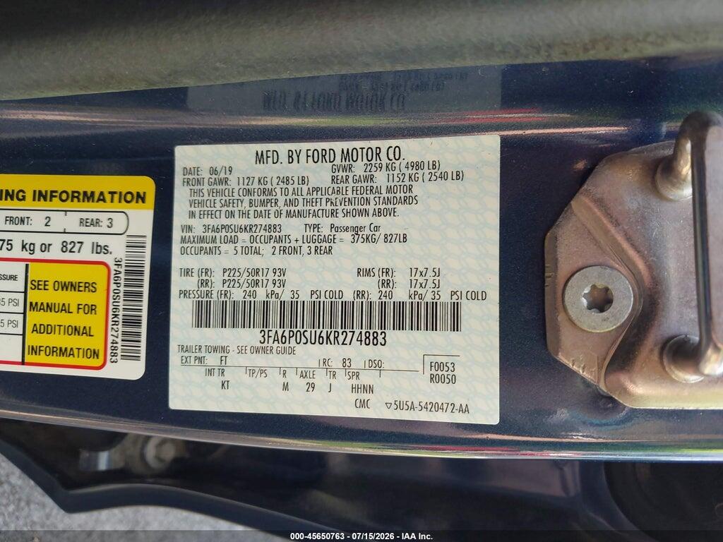 3FA6P0SU6KR274883 2019 FORD FUSION ENERGI photo no. 9