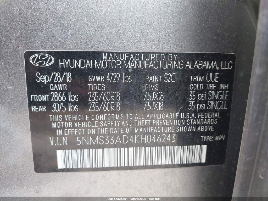 5NMS33AD4KH046243 2019 HYUNDAI SANTA FE photo no. 9